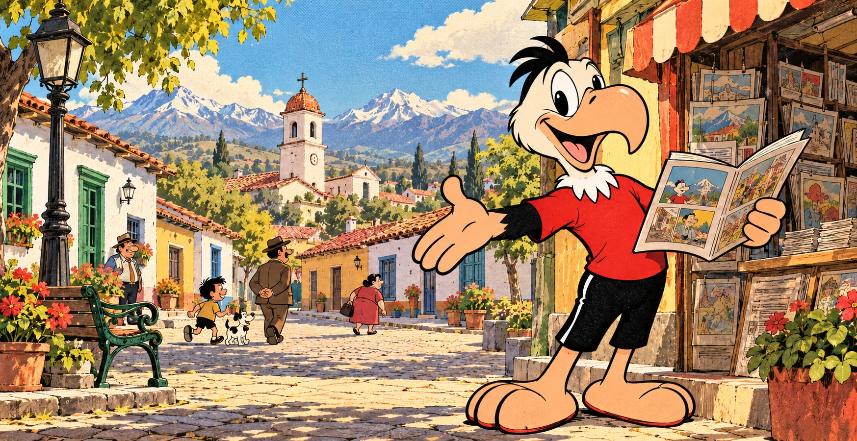 Ilustración de Condorito leyendo una historieta en una alegre calle inspirada en Pelotillehue
